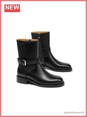 Calfskin Leather Motorcycle Ankle Boots Women Block Heel Zip Buckle